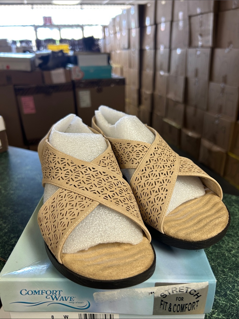 easy street Beige Laser-Cut Crisscross Comfort Sandals (Wide)